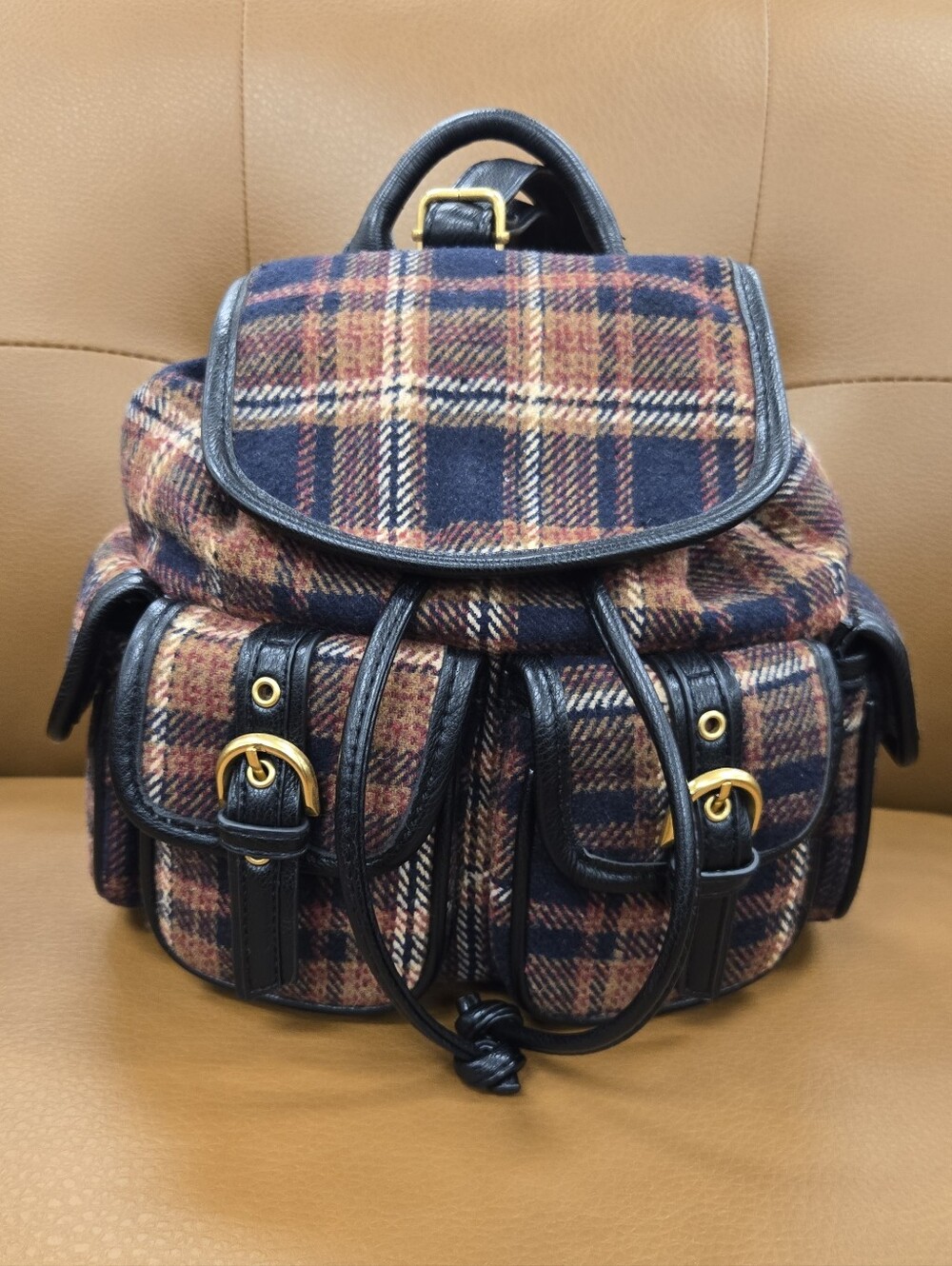 Madden Girl Navy and Brown Plaid Mini Backpack